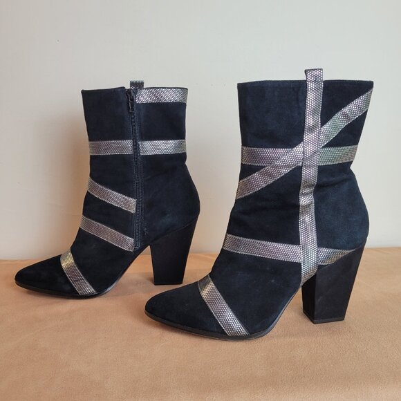 Y2K Vibe Paris Hilton Black Suede Silver Metallic Ankle Boots Size 9 Tawny Heels - Picture 2 of 16